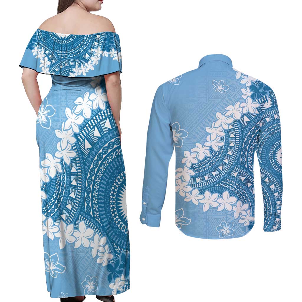 Bula Fiji Women's Day Couples Matching Off Shoulder Maxi Dress and Long Sleeve Button Shirt Turquoise Masi Tapa LT7 - Polynesian Pride