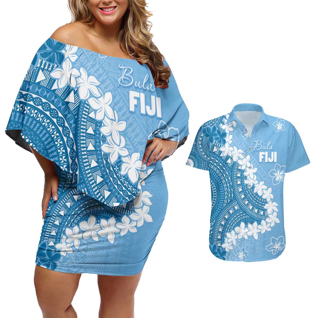 Bula Fiji Women's Day Couples Matching Off Shoulder Short Dress and Hawaiian Shirt Turquoise Masi Tapa LT7 Turquoise - Polynesian Pride
