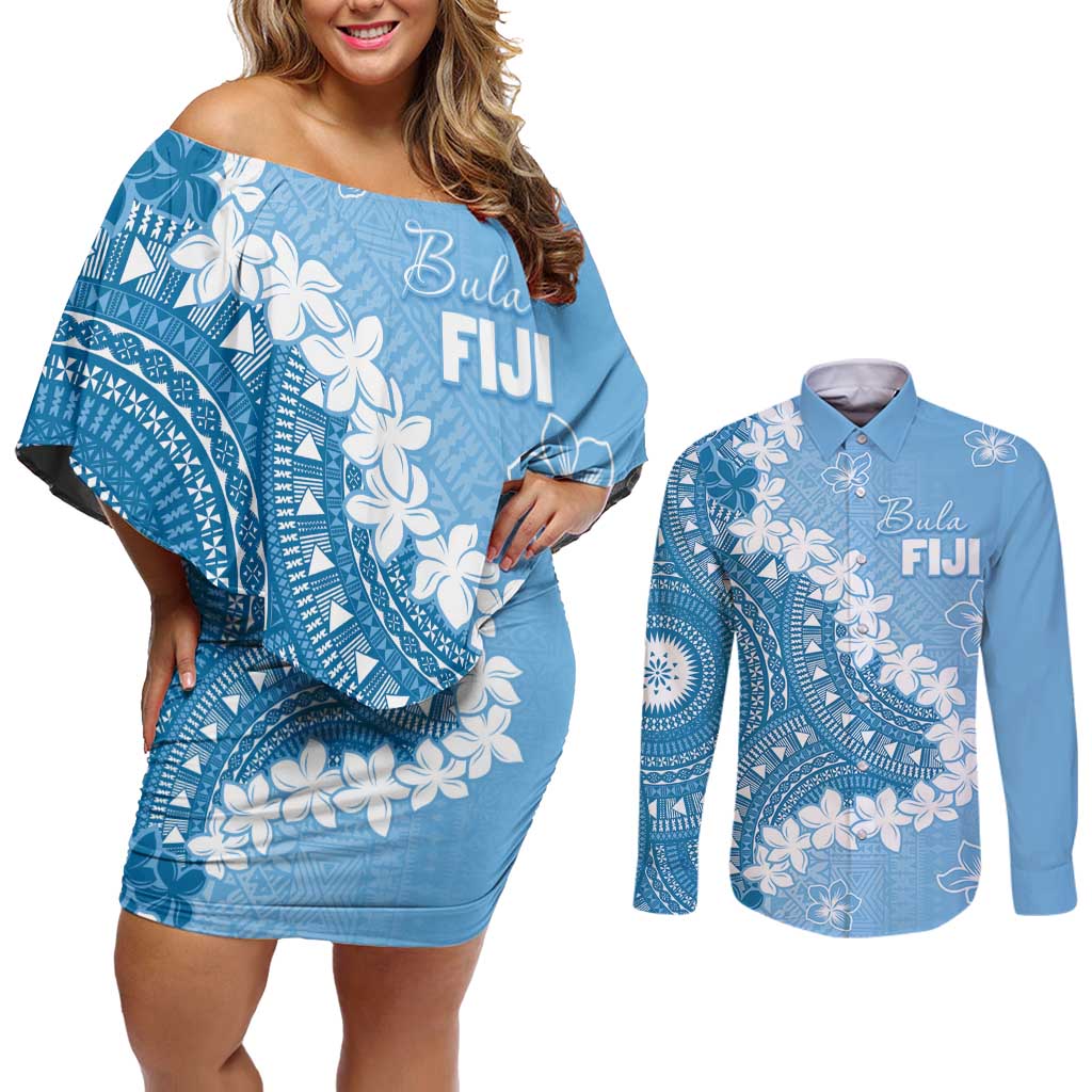 Bula Fiji Women's Day Couples Matching Off Shoulder Short Dress and Long Sleeve Button Shirt Turquoise Masi Tapa LT7 Turquoise - Polynesian Pride