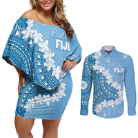 Bula Fiji Women's Day Couples Matching Off Shoulder Short Dress and Long Sleeve Button Shirt Turquoise Masi Tapa LT7 Turquoise - Polynesian Pride