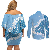 Bula Fiji Women's Day Couples Matching Off Shoulder Short Dress and Long Sleeve Button Shirt Turquoise Masi Tapa LT7 - Polynesian Pride