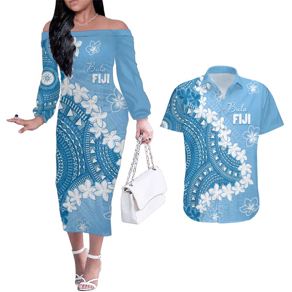 Bula Fiji Women's Day Couples Matching Off The Shoulder Long Sleeve Dress and Hawaiian Shirt Turquoise Masi Tapa LT7 Turquoise - Polynesian Pride