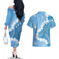 Bula Fiji Women's Day Couples Matching Off The Shoulder Long Sleeve Dress and Hawaiian Shirt Turquoise Masi Tapa LT7 - Polynesian Pride