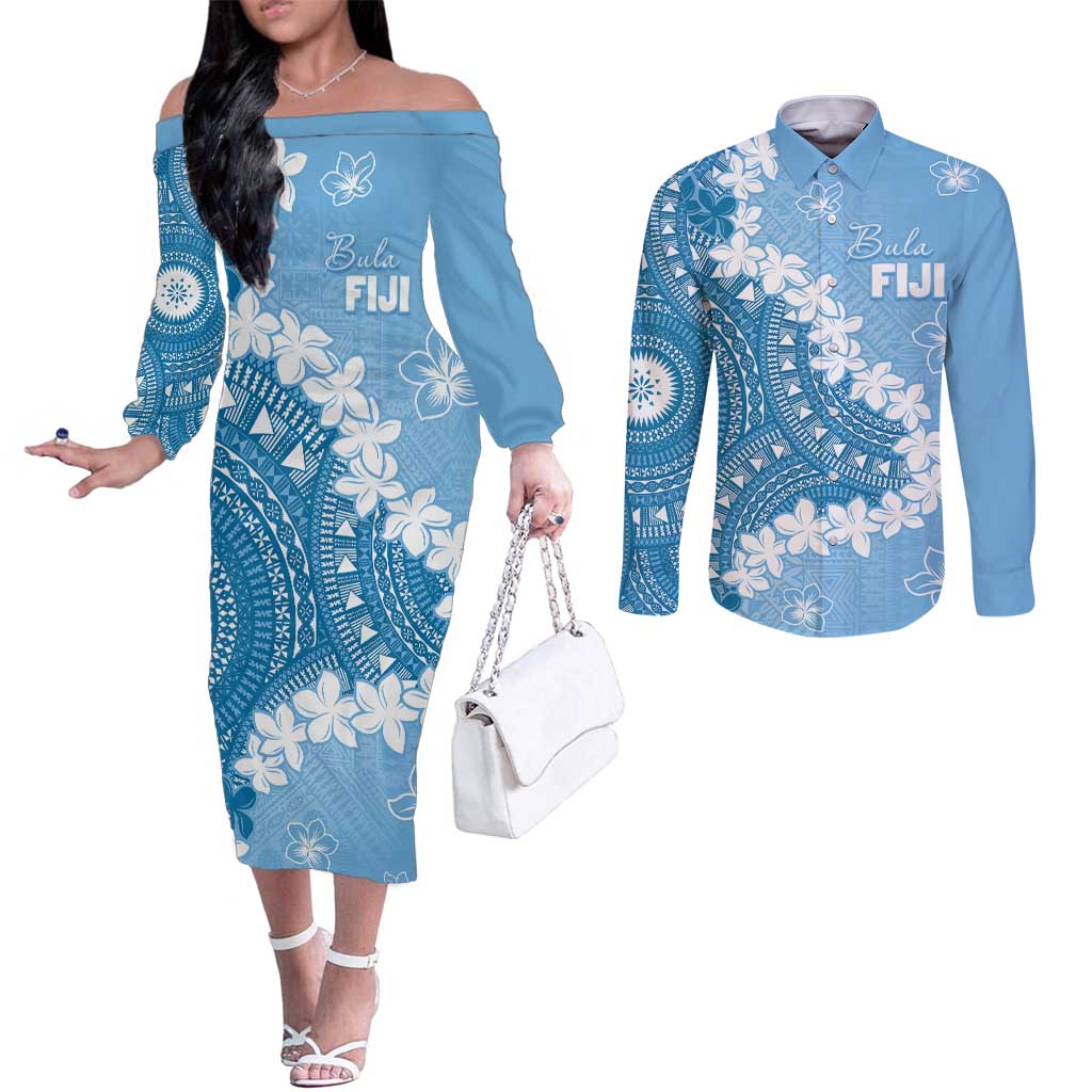 Bula Fiji Women's Day Couples Matching Off The Shoulder Long Sleeve Dress and Long Sleeve Button Shirt Turquoise Masi Tapa LT7 Turquoise - Polynesian Pride