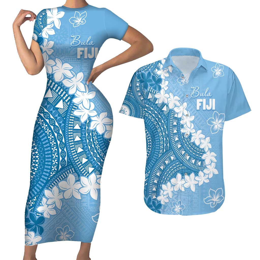 Bula Fiji Women's Day Couples Matching Short Sleeve Bodycon Dress and Hawaiian Shirt Turquoise Masi Tapa LT7 Turquoise - Polynesian Pride