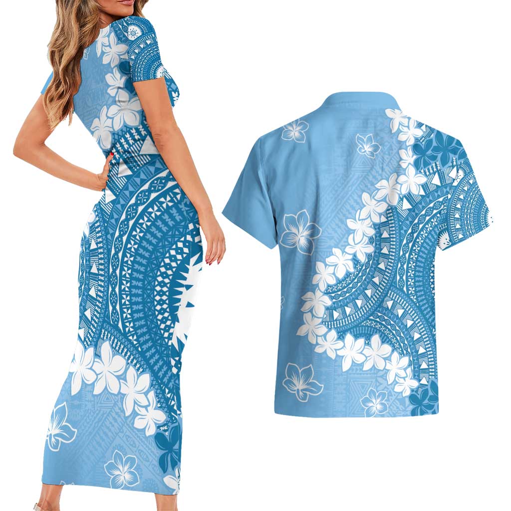Bula Fiji Women's Day Couples Matching Short Sleeve Bodycon Dress and Hawaiian Shirt Turquoise Masi Tapa LT7 - Polynesian Pride