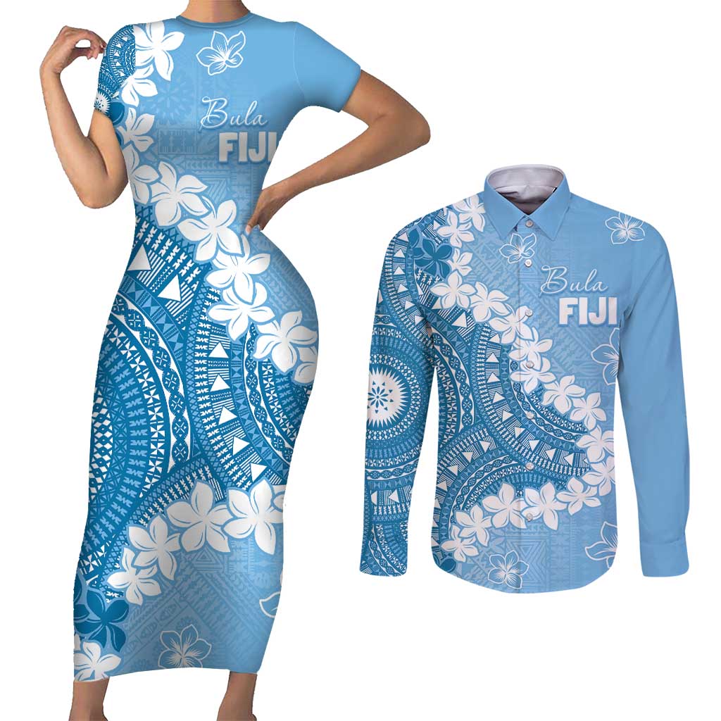 Bula Fiji Women's Day Couples Matching Short Sleeve Bodycon Dress and Long Sleeve Button Shirt Turquoise Masi Tapa LT7 Turquoise - Polynesian Pride