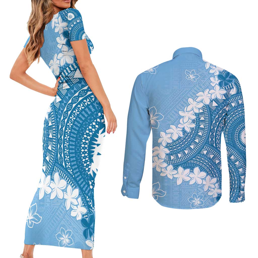 Bula Fiji Women's Day Couples Matching Short Sleeve Bodycon Dress and Long Sleeve Button Shirt Turquoise Masi Tapa LT7 - Polynesian Pride
