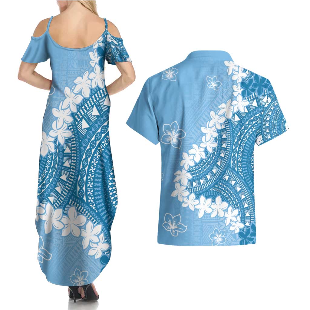 Bula Fiji Women's Day Couples Matching Summer Maxi Dress and Hawaiian Shirt Turquoise Masi Tapa LT7 - Polynesian Pride