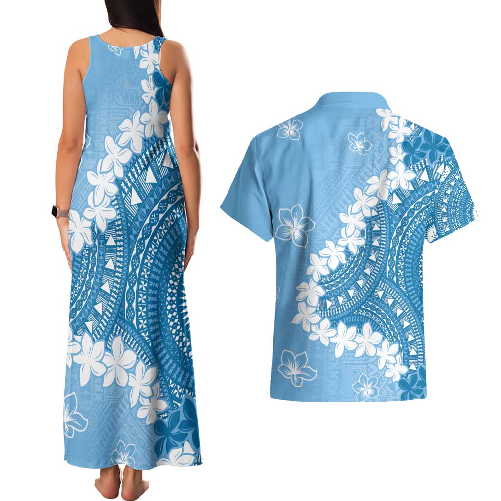 Bula Fiji Women's Day Couples Matching Tank Maxi Dress and Hawaiian Shirt Turquoise Masi Tapa LT7 - Polynesian Pride