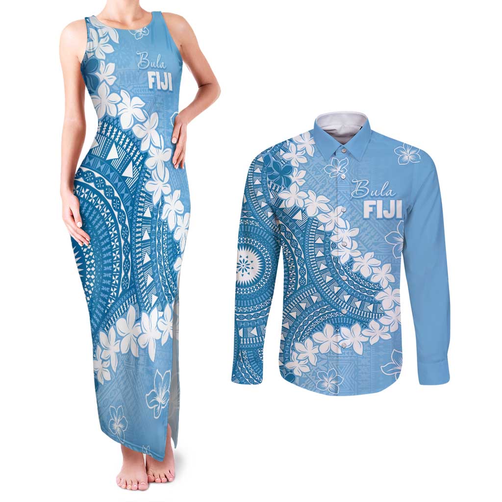 Bula Fiji Women's Day Couples Matching Tank Maxi Dress and Long Sleeve Button Shirt Turquoise Masi Tapa LT7 Turquoise - Polynesian Pride