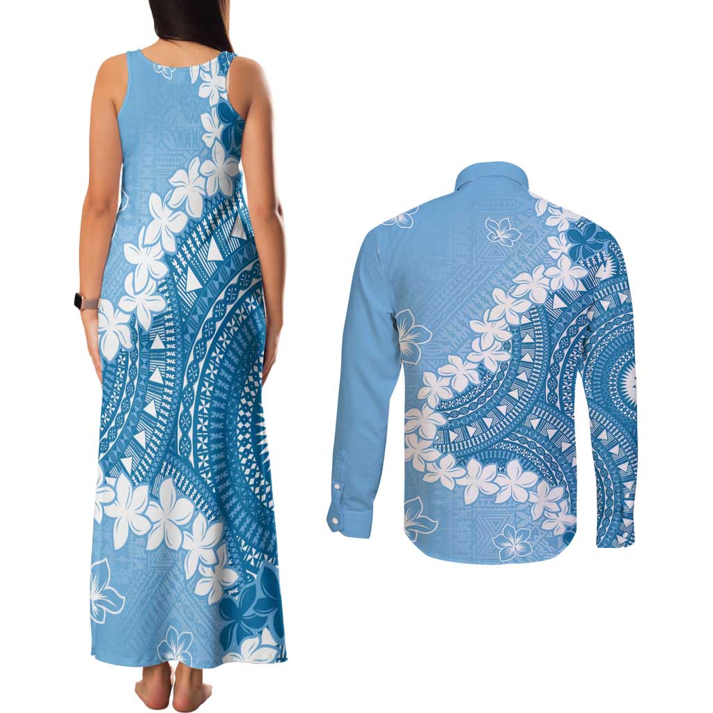 Bula Fiji Women's Day Couples Matching Tank Maxi Dress and Long Sleeve Button Shirt Turquoise Masi Tapa LT7 - Polynesian Pride