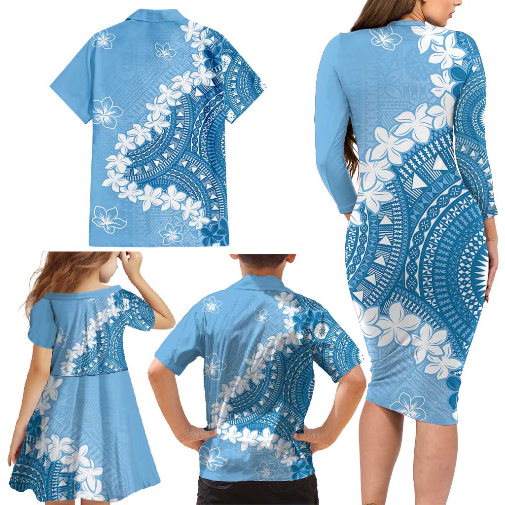 Bula Fiji Women's Day Family Matching Long Sleeve Bodycon Dress and Hawaiian Shirt Turquoise Masi Tapa LT7 - Polynesian Pride
