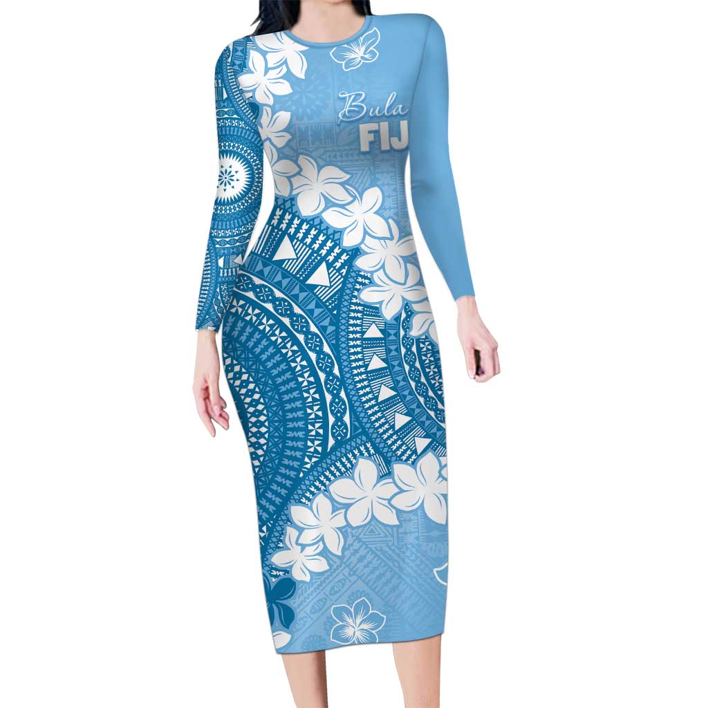 Bula Fiji Women's Day Family Matching Long Sleeve Bodycon Dress and Hawaiian Shirt Turquoise Masi Tapa LT7 Mom's Dress Turquoise - Polynesian Pride