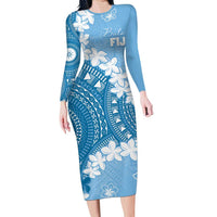Bula Fiji Women's Day Family Matching Long Sleeve Bodycon Dress and Hawaiian Shirt Turquoise Masi Tapa LT7 Mom's Dress Turquoise - Polynesian Pride