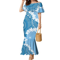 Bula Fiji Women's Day Family Matching Mermaid Dress and Hawaiian Shirt Turquoise Masi Tapa LT7 Mom's Dress Turquoise - Polynesian Pride