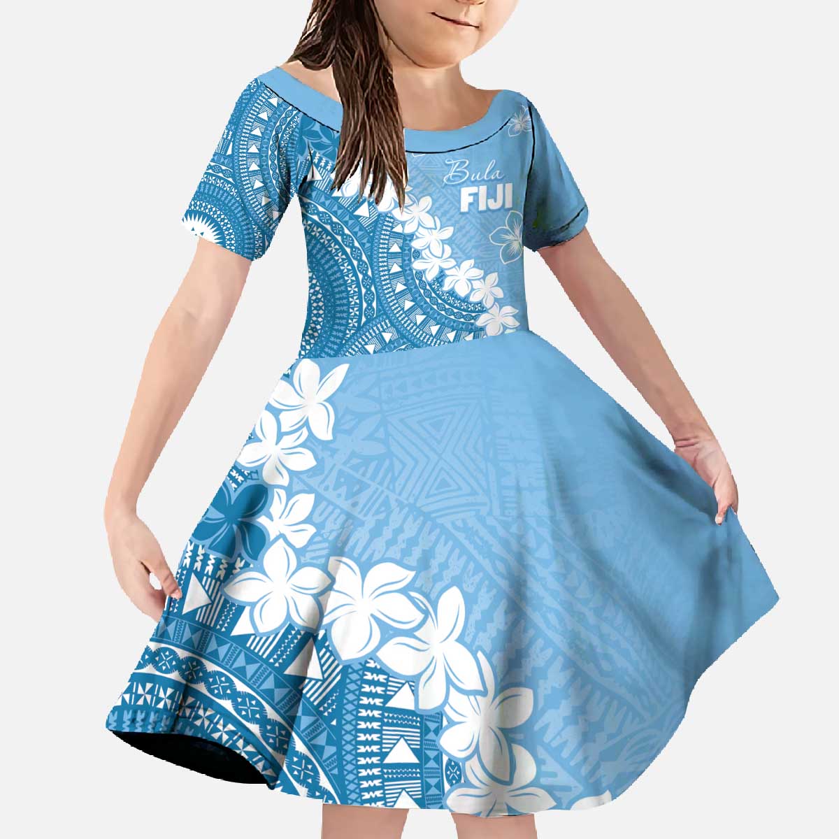 Bula Fiji Women's Day Family Matching Off The Shoulder Long Sleeve Dress and Hawaiian Shirt Turquoise Masi Tapa LT7 Daughter's Dress Turquoise - Polynesian Pride
