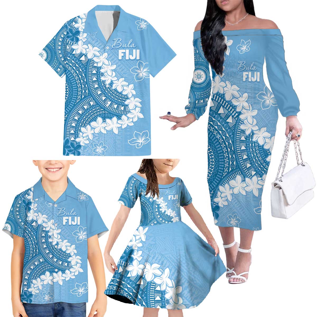 Bula Fiji Women's Day Family Matching Off The Shoulder Long Sleeve Dress and Hawaiian Shirt Turquoise Masi Tapa LT7 - Polynesian Pride