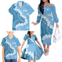 Bula Fiji Women's Day Family Matching Off The Shoulder Long Sleeve Dress and Hawaiian Shirt Turquoise Masi Tapa LT7 - Polynesian Pride