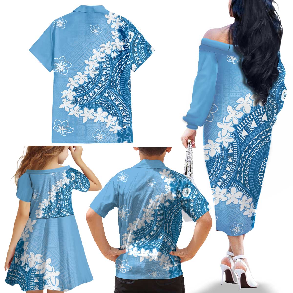 Bula Fiji Women's Day Family Matching Off The Shoulder Long Sleeve Dress and Hawaiian Shirt Turquoise Masi Tapa LT7 - Polynesian Pride