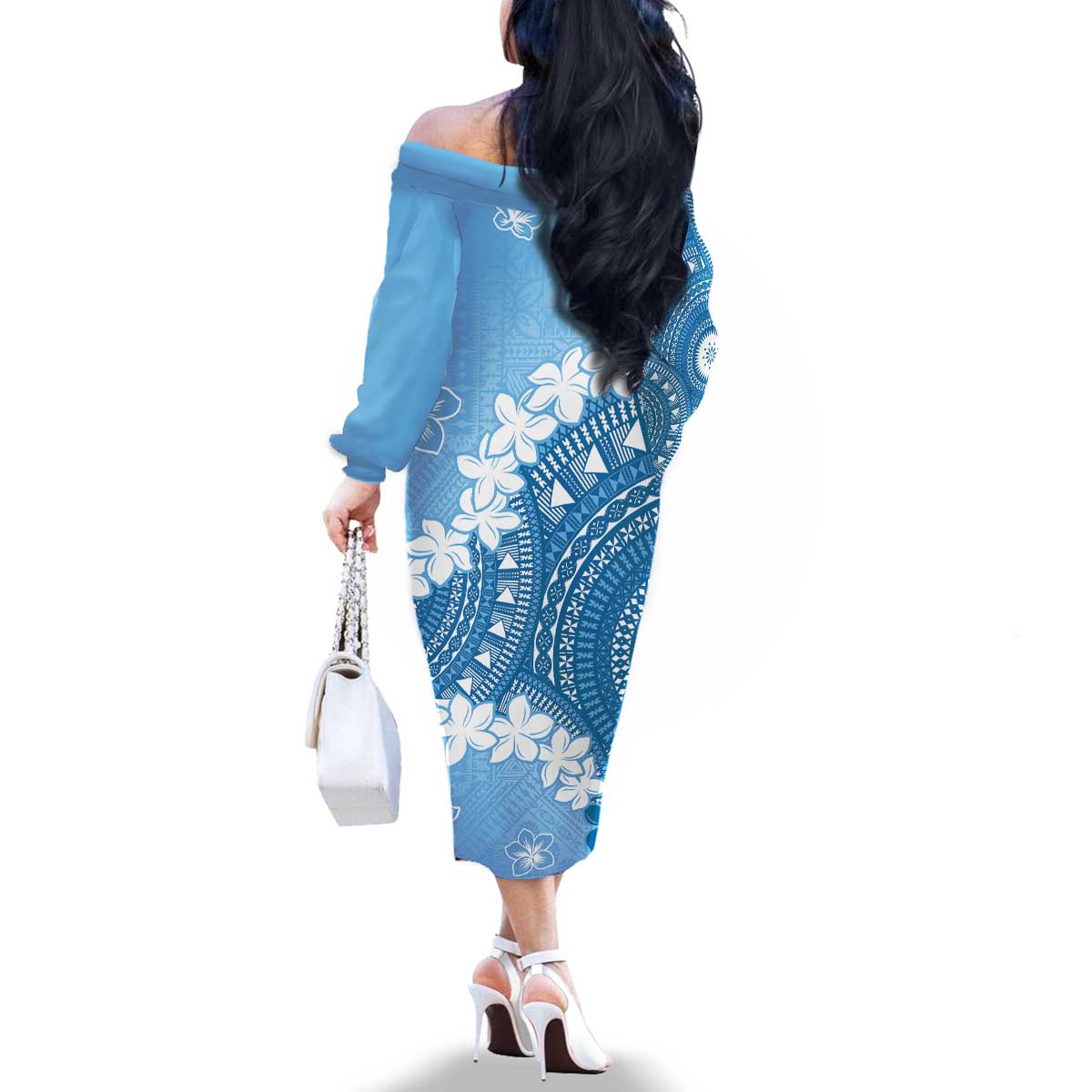 Bula Fiji Women's Day Family Matching Off The Shoulder Long Sleeve Dress and Hawaiian Shirt Turquoise Masi Tapa LT7 - Polynesian Pride
