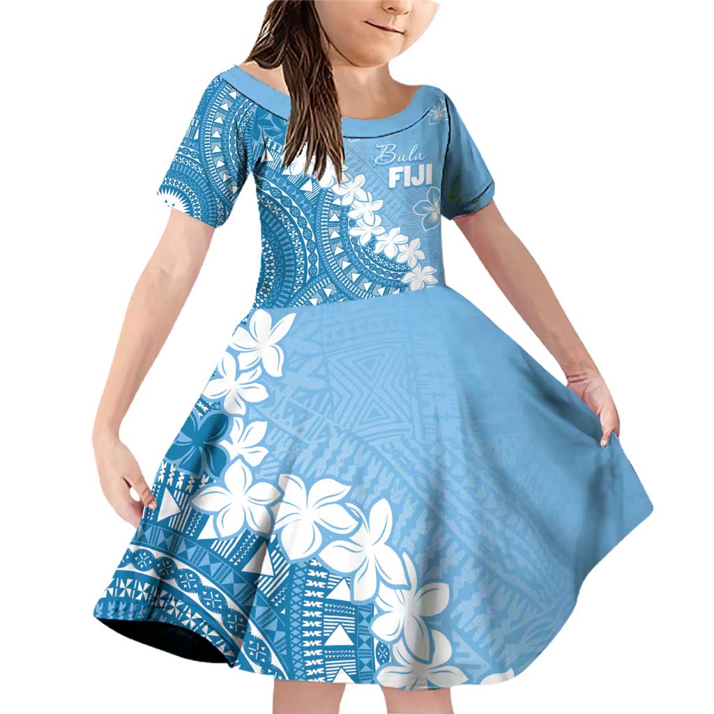 Bula Fiji Women's Day Family Matching Off Shoulder Short Dress and Hawaiian Shirt Turquoise Masi Tapa LT7 Daughter's Dress Turquoise - Polynesian Pride
