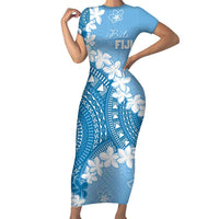 Bula Fiji Women's Day Family Matching Short Sleeve Bodycon Dress and Hawaiian Shirt Turquoise Masi Tapa LT7 Mom's Dress Turquoise - Polynesian Pride