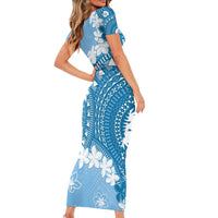 Bula Fiji Women's Day Family Matching Short Sleeve Bodycon Dress and Hawaiian Shirt Turquoise Masi Tapa LT7 - Polynesian Pride