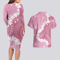 Bula Fiji Women's Day Couples Matching Long Sleeve Bodycon Dress and Hawaiian Shirt Pink Masi Tapa LT7 - Polynesian Pride