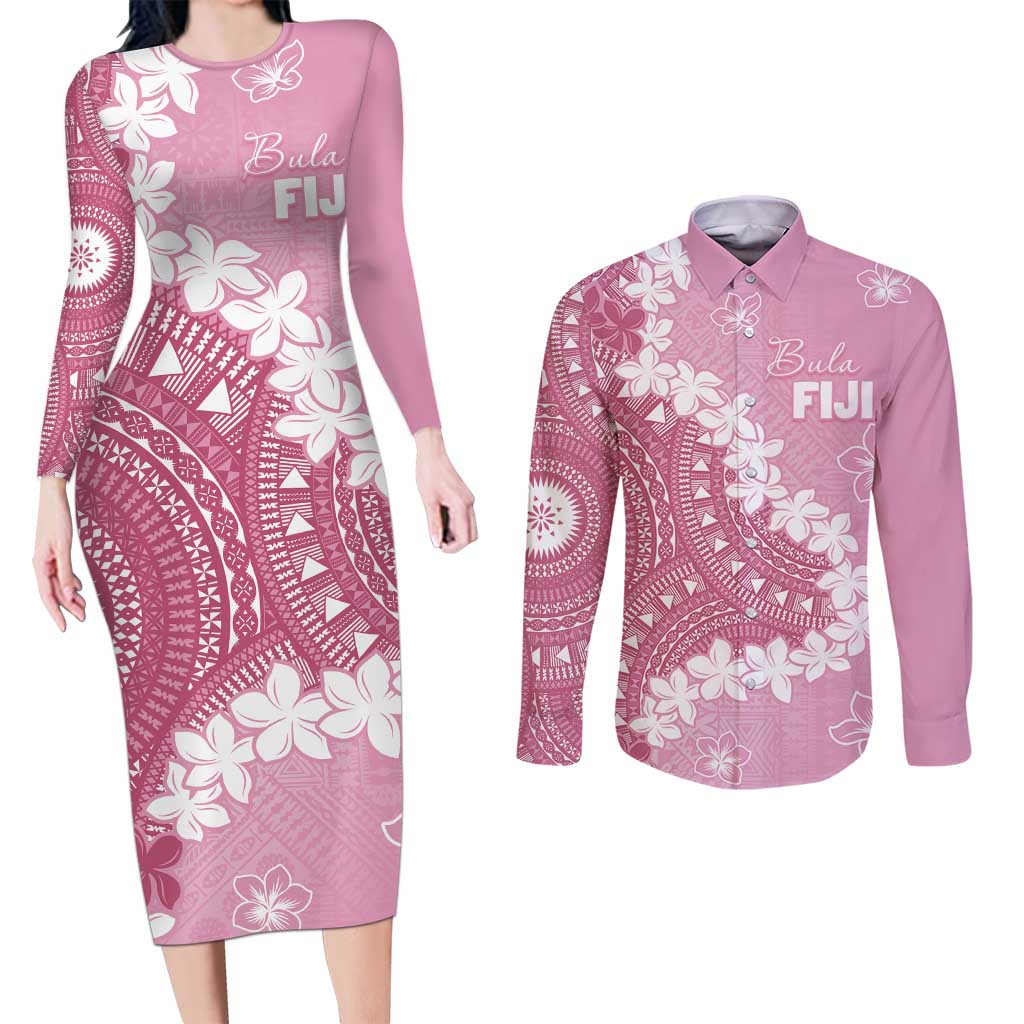Bula Fiji Women's Day Couples Matching Long Sleeve Bodycon Dress and Long Sleeve Button Shirt Pink Masi Tapa LT7 Pink - Polynesian Pride