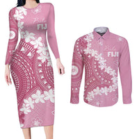 Bula Fiji Women's Day Couples Matching Long Sleeve Bodycon Dress and Long Sleeve Button Shirt Pink Masi Tapa LT7 Pink - Polynesian Pride