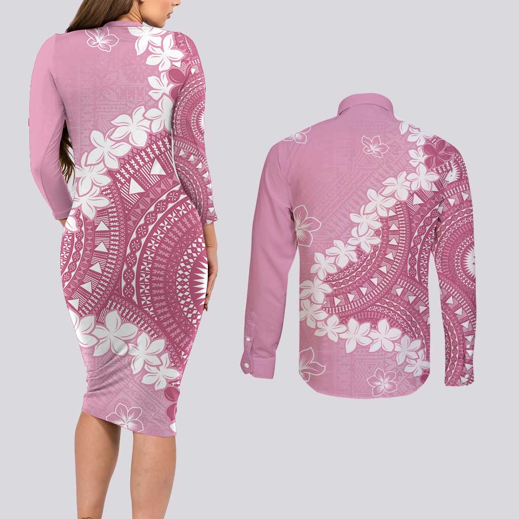 Bula Fiji Women's Day Couples Matching Long Sleeve Bodycon Dress and Long Sleeve Button Shirt Pink Masi Tapa LT7 - Polynesian Pride