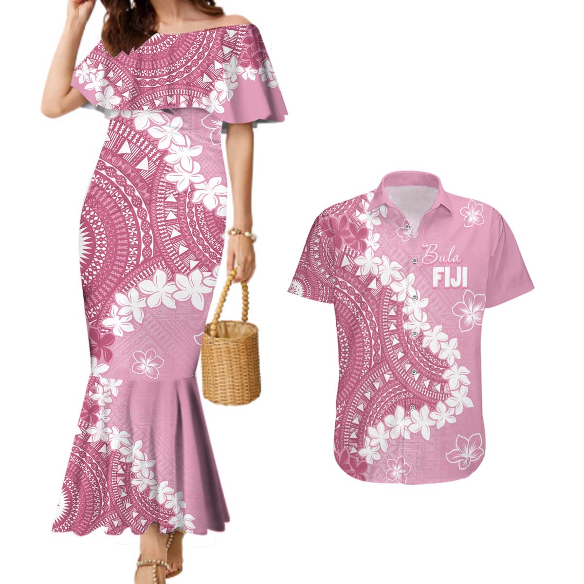 Bula Fiji Women's Day Couples Matching Mermaid Dress and Hawaiian Shirt Pink Masi Tapa LT7 Pink - Polynesian Pride