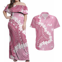 Bula Fiji Women's Day Couples Matching Off Shoulder Maxi Dress and Hawaiian Shirt Pink Masi Tapa LT7 Pink - Polynesian Pride