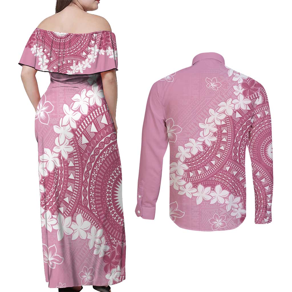 Bula Fiji Women's Day Couples Matching Off Shoulder Maxi Dress and Long Sleeve Button Shirt Pink Masi Tapa LT7 - Polynesian Pride