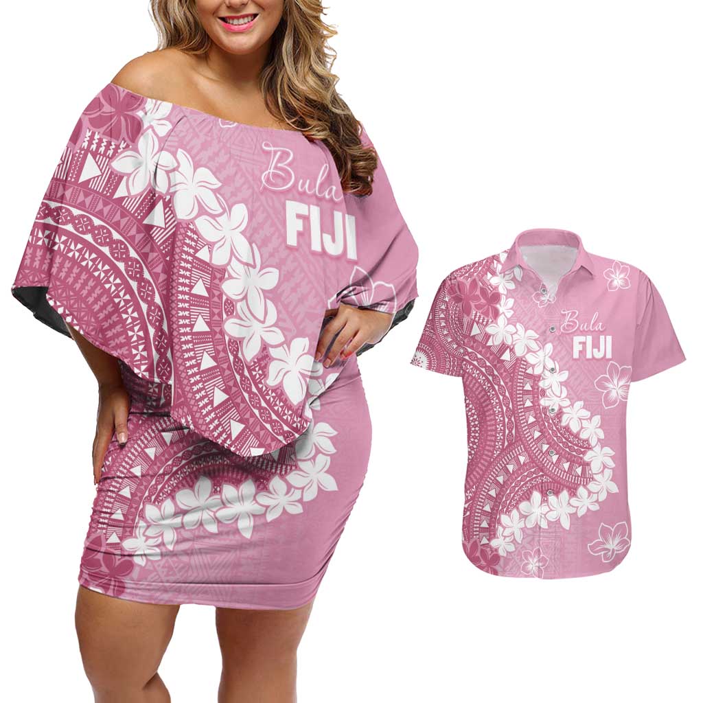 Bula Fiji Women's Day Couples Matching Off Shoulder Short Dress and Hawaiian Shirt Pink Masi Tapa LT7 Pink - Polynesian Pride