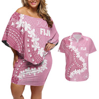 Bula Fiji Women's Day Couples Matching Off Shoulder Short Dress and Hawaiian Shirt Pink Masi Tapa LT7 Pink - Polynesian Pride