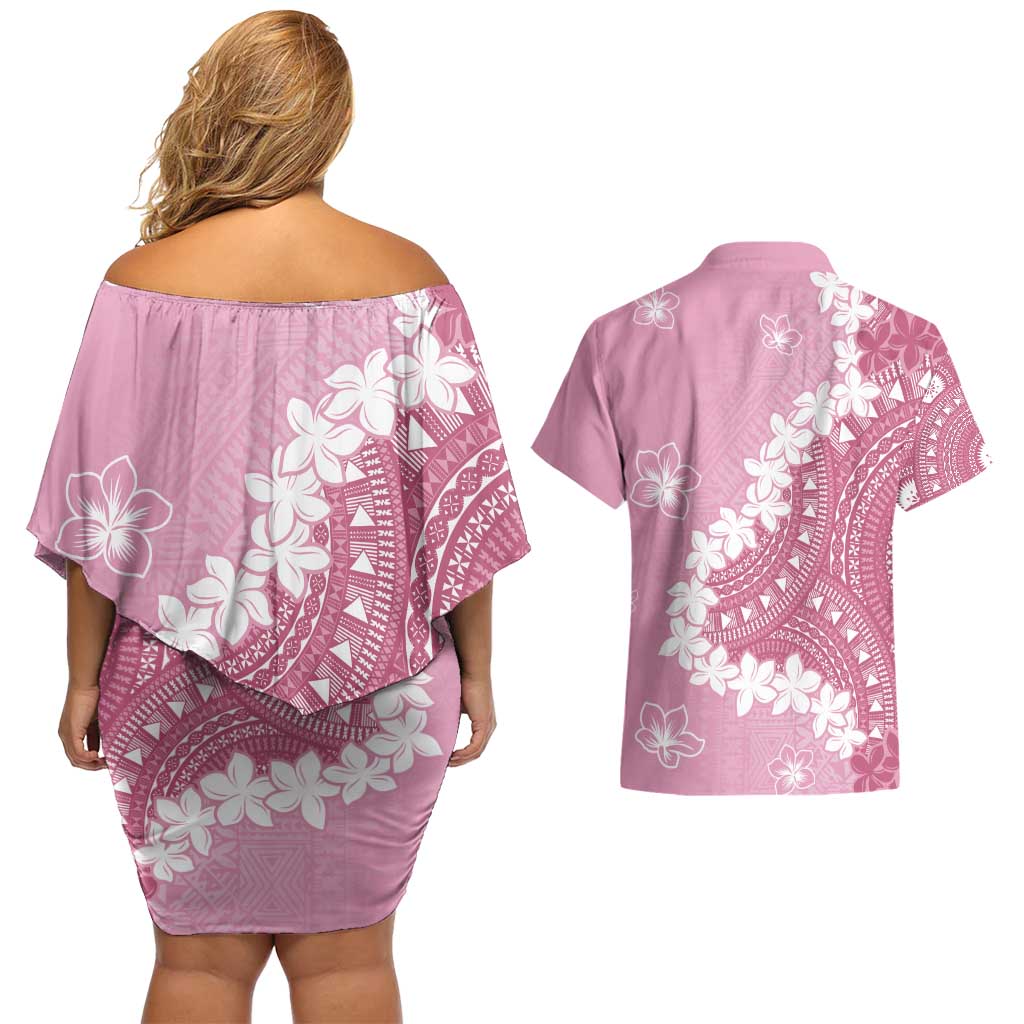 Bula Fiji Women's Day Couples Matching Off Shoulder Short Dress and Hawaiian Shirt Pink Masi Tapa LT7 - Polynesian Pride