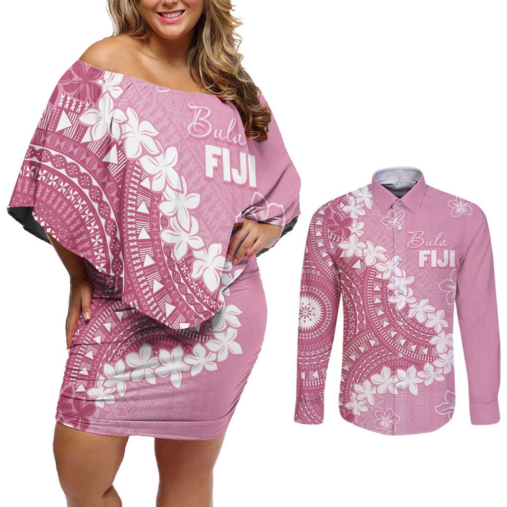 Bula Fiji Women's Day Couples Matching Off Shoulder Short Dress and Long Sleeve Button Shirt Pink Masi Tapa LT7 Pink - Polynesian Pride
