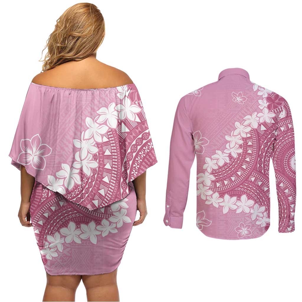 Bula Fiji Women's Day Couples Matching Off Shoulder Short Dress and Long Sleeve Button Shirt Pink Masi Tapa LT7 - Polynesian Pride