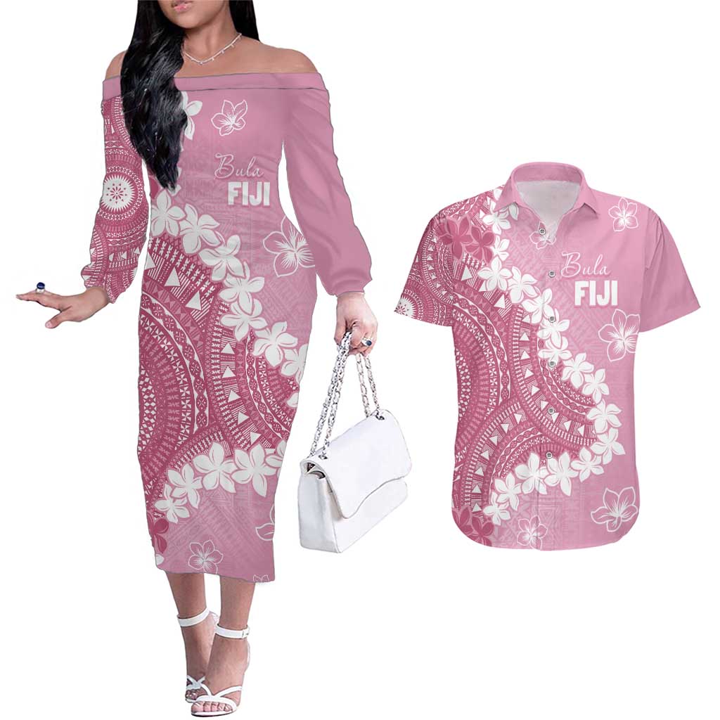 Bula Fiji Women's Day Couples Matching Off The Shoulder Long Sleeve Dress and Hawaiian Shirt Pink Masi Tapa LT7 Pink - Polynesian Pride