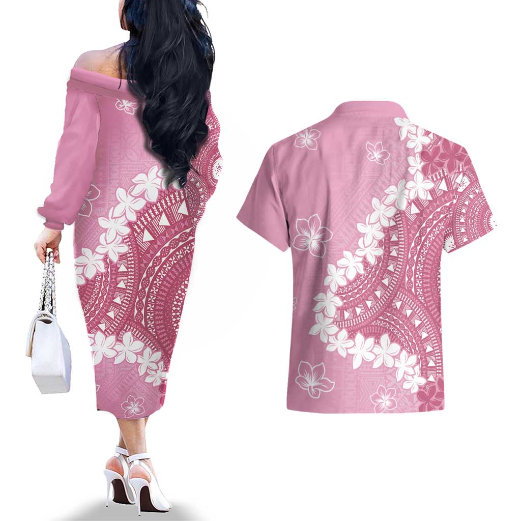Bula Fiji Women's Day Couples Matching Off The Shoulder Long Sleeve Dress and Hawaiian Shirt Pink Masi Tapa LT7 - Polynesian Pride