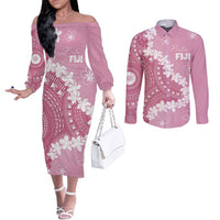 Bula Fiji Women's Day Couples Matching Off The Shoulder Long Sleeve Dress and Long Sleeve Button Shirt Pink Masi Tapa LT7 Pink - Polynesian Pride