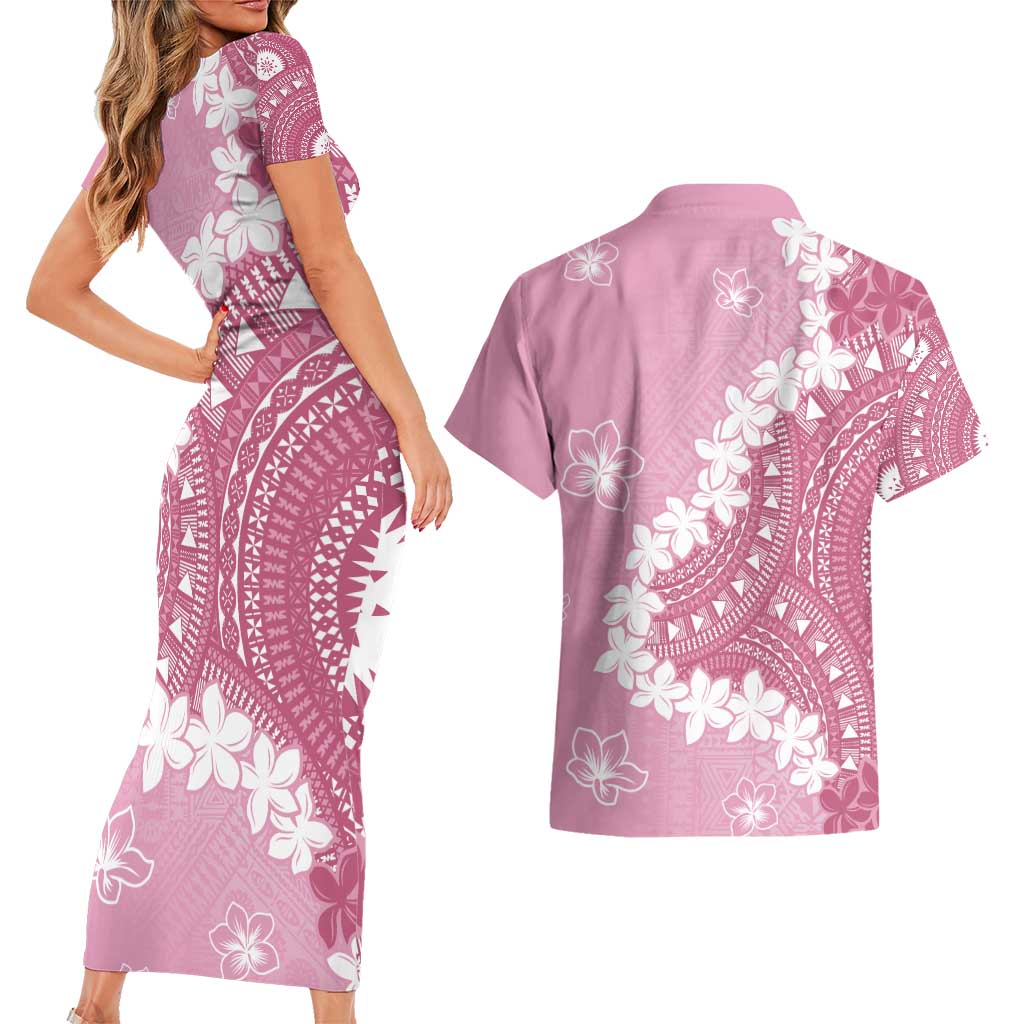 Bula Fiji Women's Day Couples Matching Short Sleeve Bodycon Dress and Hawaiian Shirt Pink Masi Tapa LT7 - Polynesian Pride