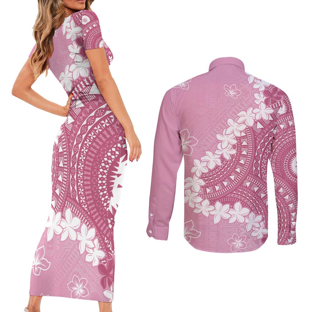 Bula Fiji Women's Day Couples Matching Short Sleeve Bodycon Dress and Long Sleeve Button Shirt Pink Masi Tapa LT7 - Polynesian Pride