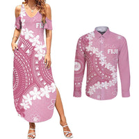 Bula Fiji Women's Day Couples Matching Summer Maxi Dress and Long Sleeve Button Shirt Pink Masi Tapa LT7 Pink - Polynesian Pride