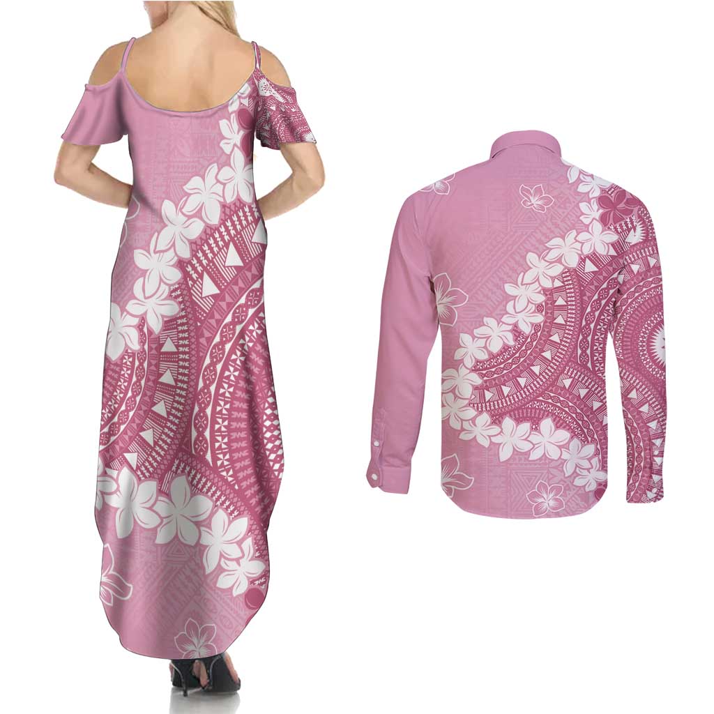Bula Fiji Women's Day Couples Matching Summer Maxi Dress and Long Sleeve Button Shirt Pink Masi Tapa LT7 - Polynesian Pride
