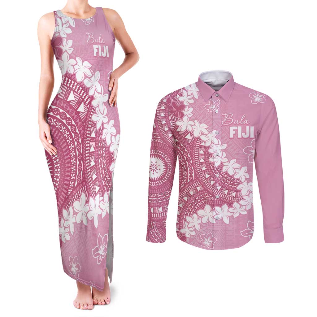 Bula Fiji Women's Day Couples Matching Tank Maxi Dress and Long Sleeve Button Shirt Pink Masi Tapa LT7 Pink - Polynesian Pride