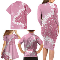 Bula Fiji Women's Day Family Matching Long Sleeve Bodycon Dress and Hawaiian Shirt Pink Masi Tapa LT7 - Polynesian Pride