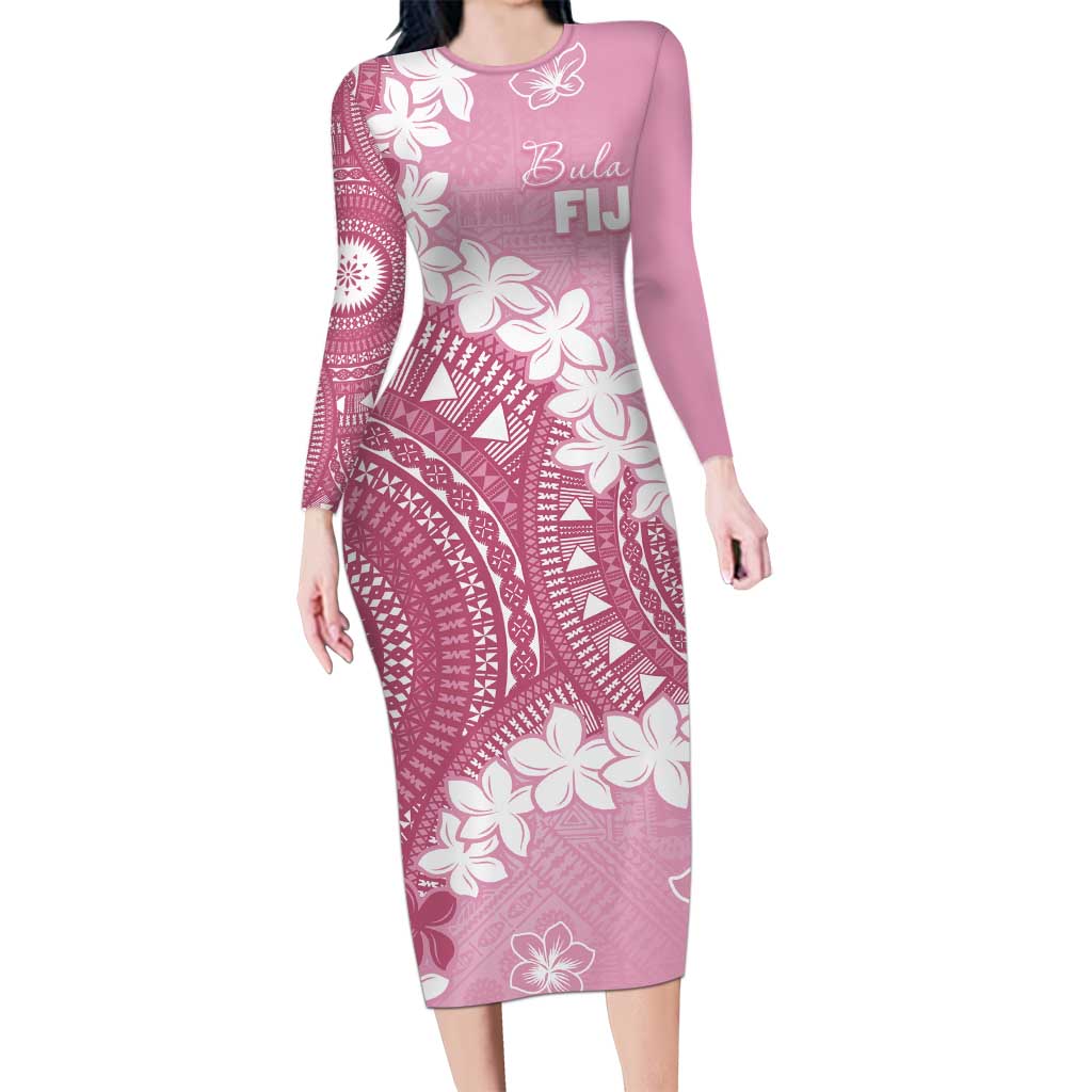 Bula Fiji Women's Day Family Matching Long Sleeve Bodycon Dress and Hawaiian Shirt Pink Masi Tapa LT7 Mom's Dress Pink - Polynesian Pride